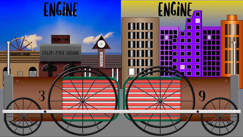 Two old fashioned trains facing in opposite directions. The left facing train has an old western town behind it, while the right facing train has a modern city behind it.